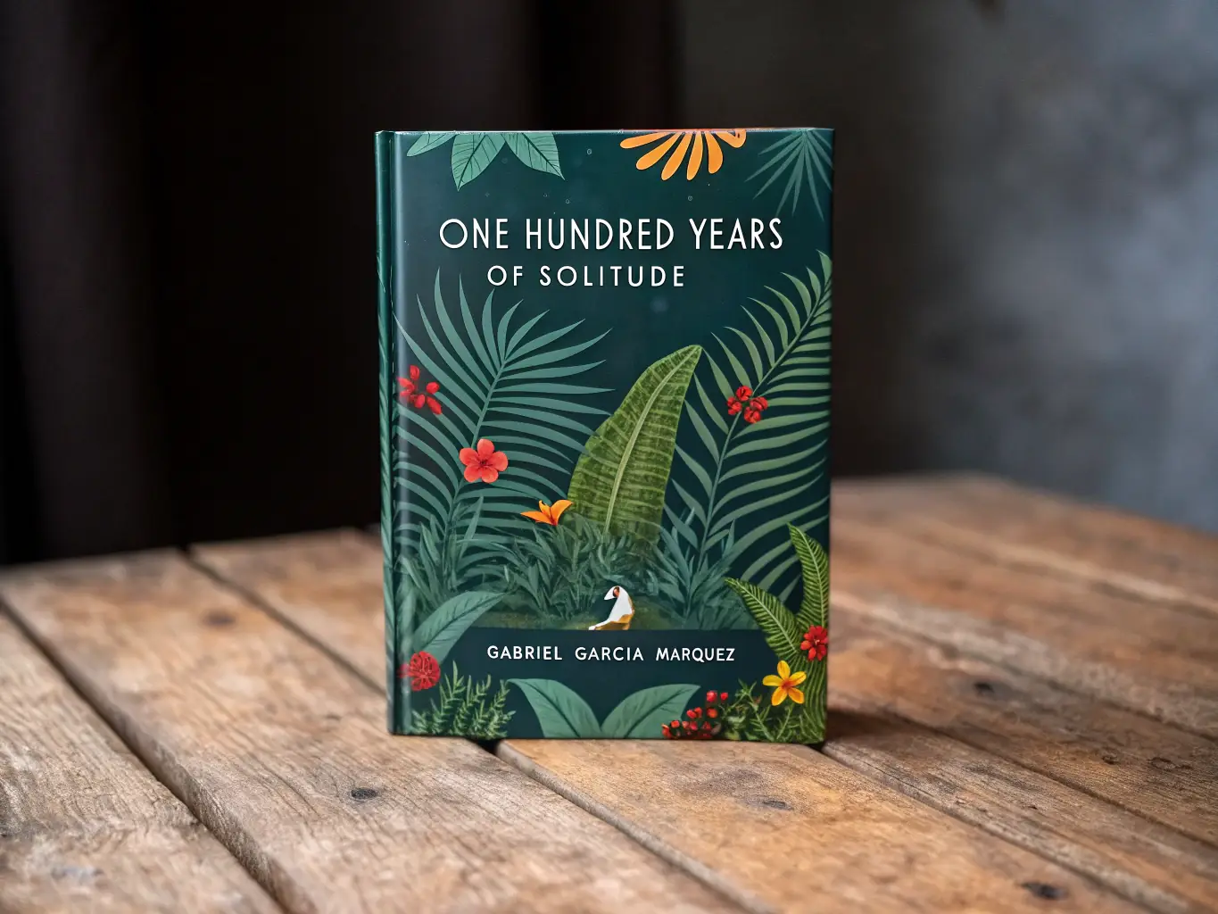 An image of a weathered copy of 'One Hundred Years of Solitude' with a background of lush, tropical foliage, representing the magical realism and vibrant storytelling of the novel.