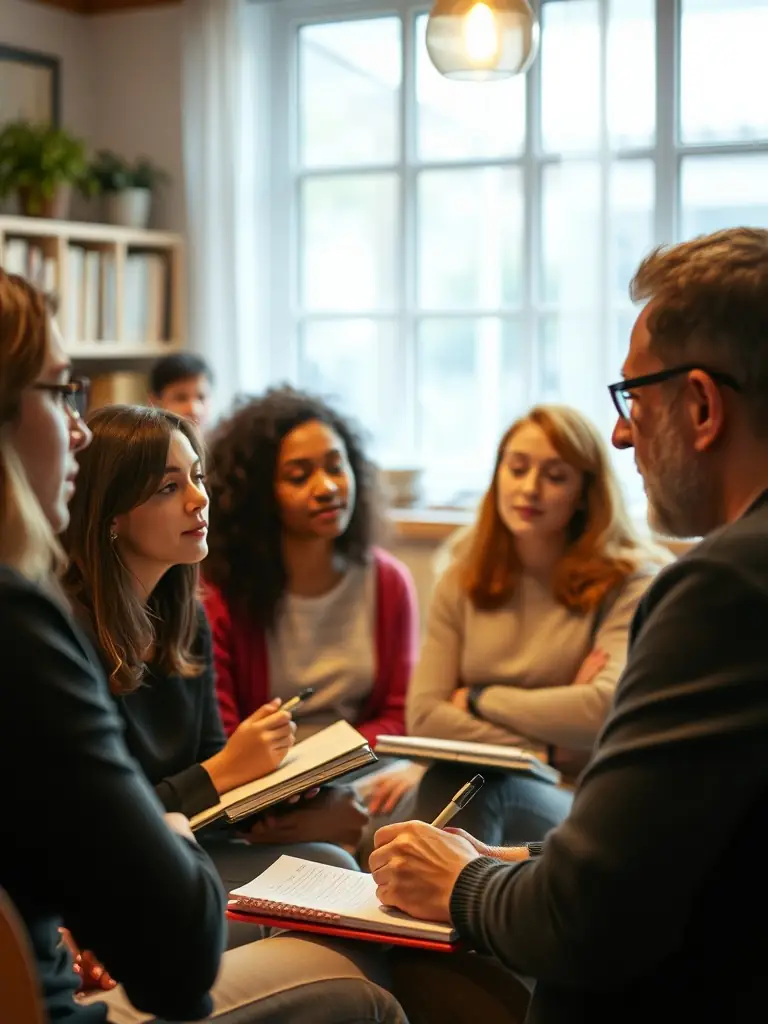 A captivating image of a writing workshop in progress, with participants actively engaged in writing exercises and discussions, guided by an experienced facilitator.