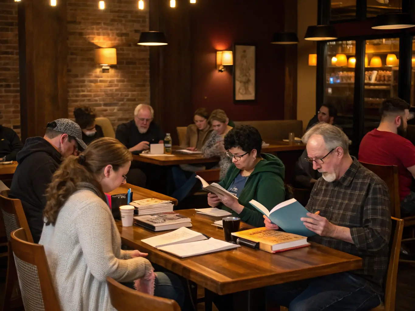 A captivating image of a literary cafe event, with attendees enjoying books, discussions, and refreshments, showcasing the organization's efforts to create informal spaces for literary discussion.