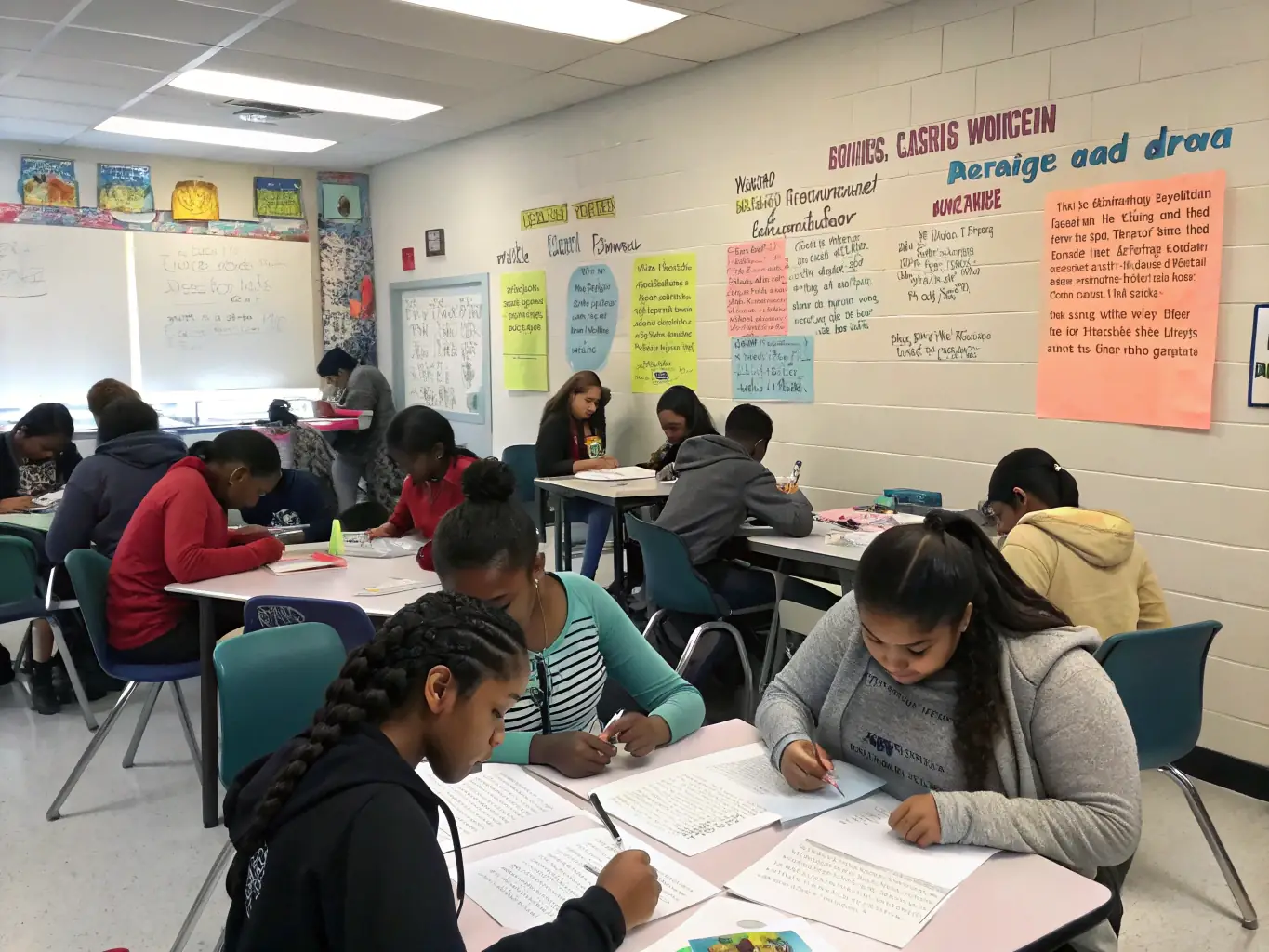 A vibrant image of a writing workshop in session, with participants actively engaged in writing exercises and discussions, reflecting the organization's commitment to nurturing emerging writers.