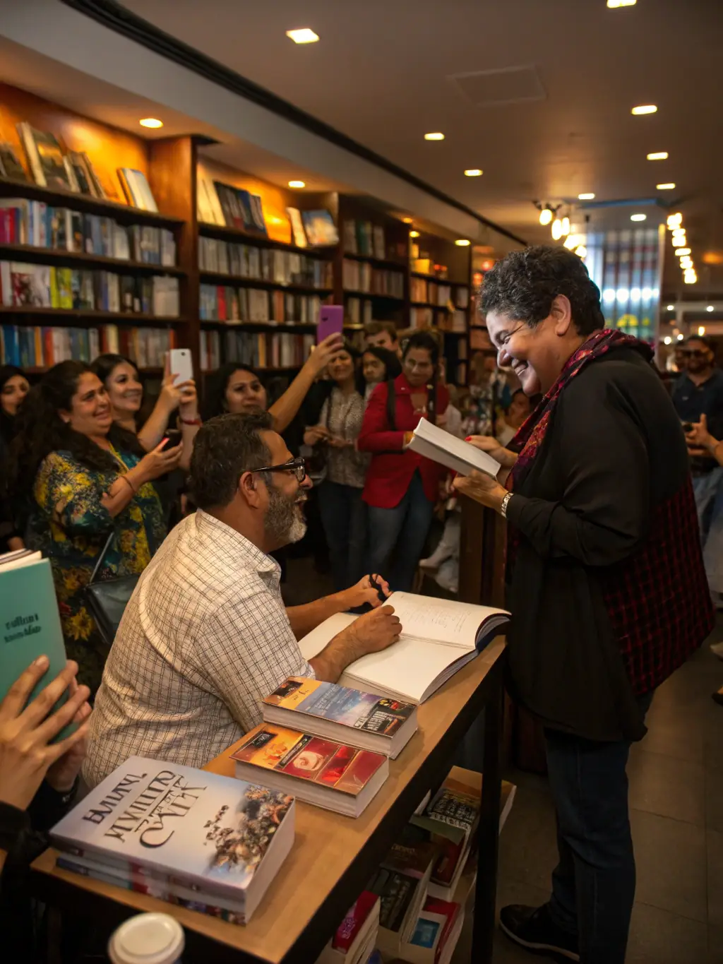 A vibrant photograph capturing a lively scene from a recent literary festival organized by FELLETIN THE JOY OF READING, showcasing authors, readers, and community members engaging in discussions and book signings.