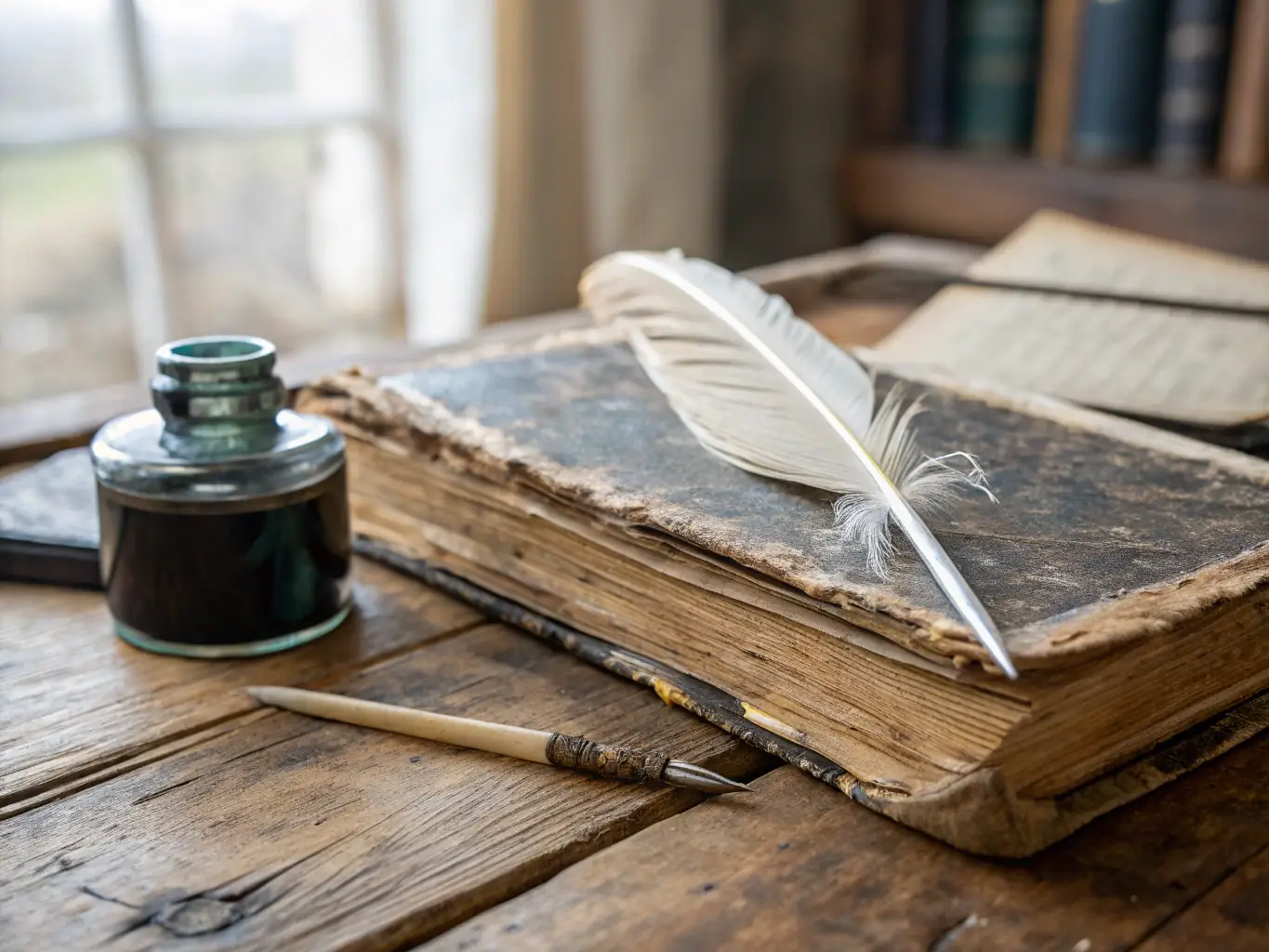 A vintage book cover featuring a classic novel with a quill and inkwell in the foreground, symbolizing the timeless nature of literature.