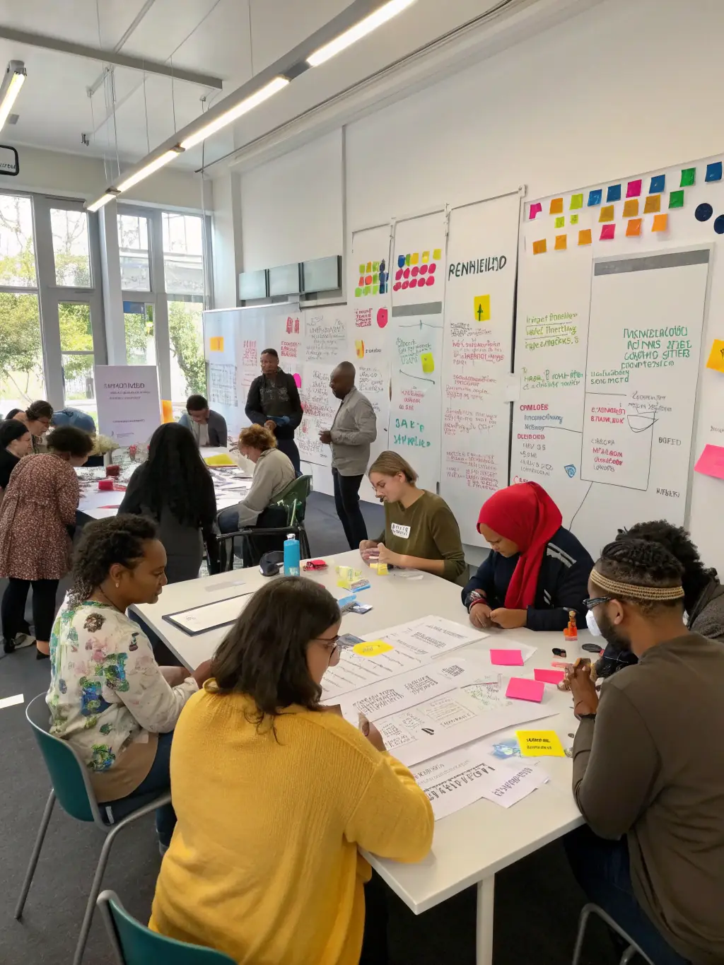 A vibrant image of a newly launched writing workshop, showcasing participants actively engaged in a writing exercise, with a focus on collaboration and creativity.