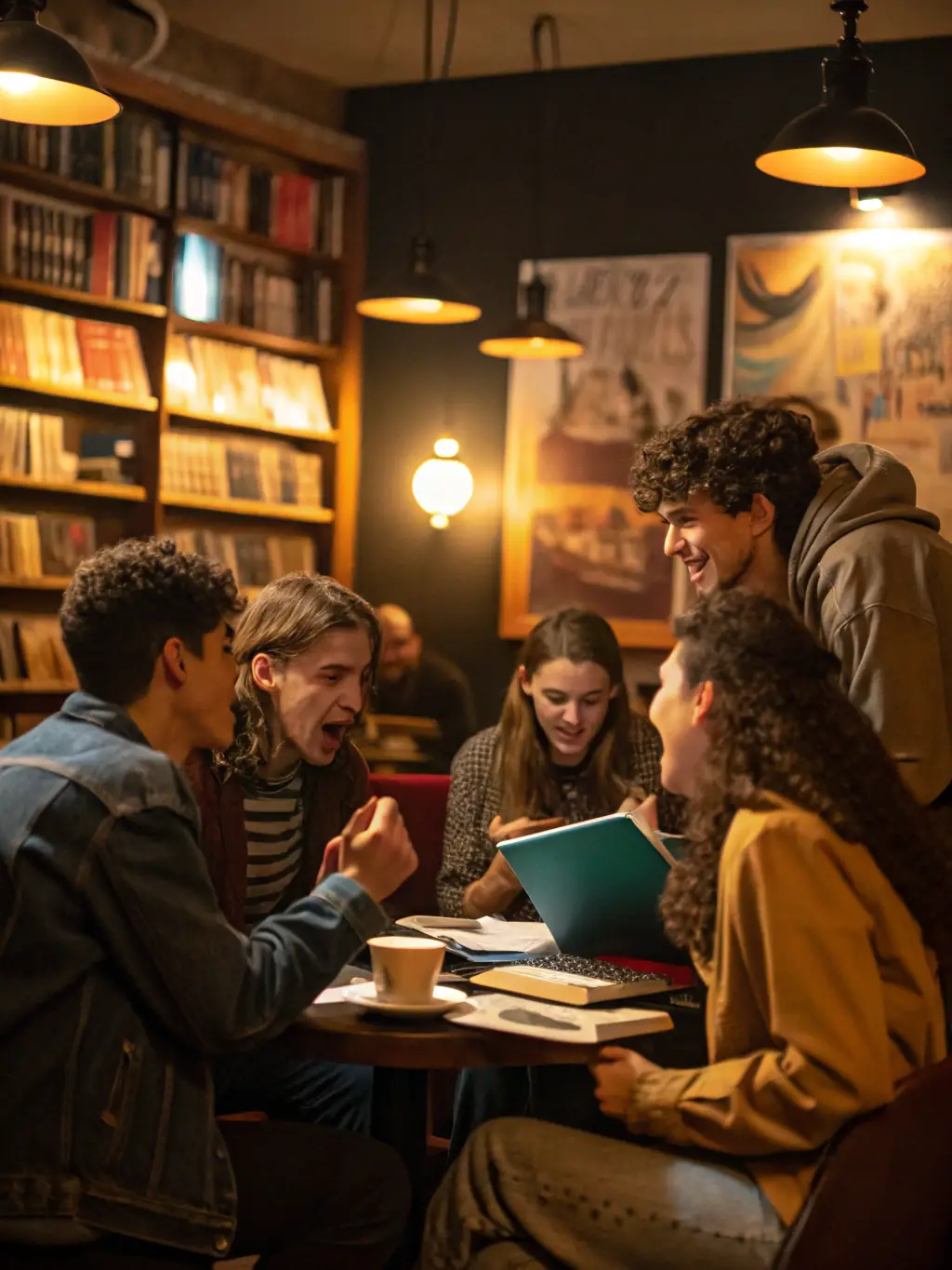 A photograph of a literary cafe event, with people enjoying books and discussions in a relaxed and inviting atmosphere.