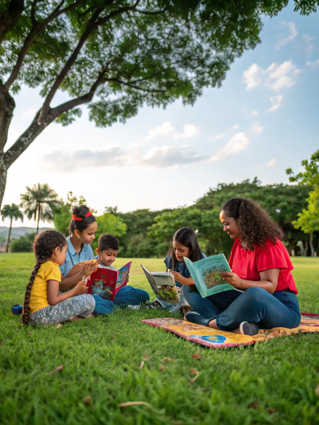 An inspiring image of a new literacy program in action, showing volunteers reading to children in a community setting, emphasizing the joy of reading.