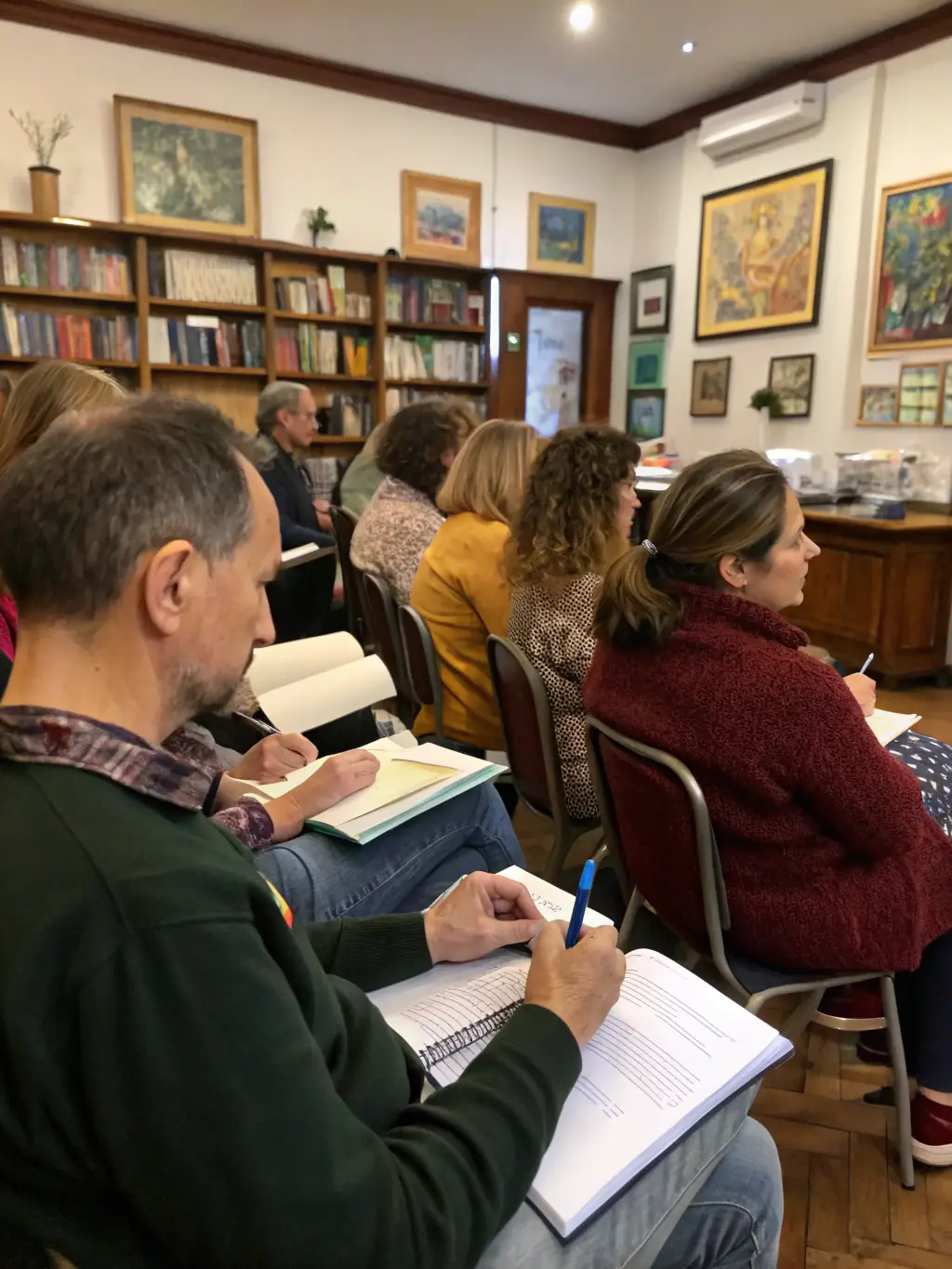 A photograph of a writing workshop in session, with participants actively engaged in writing exercises and discussions.